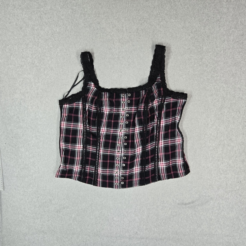 Tripp NYC Women Blouse 4 Black Plaid Corset Witchy Grunge Lace Eyelet Goth Punk